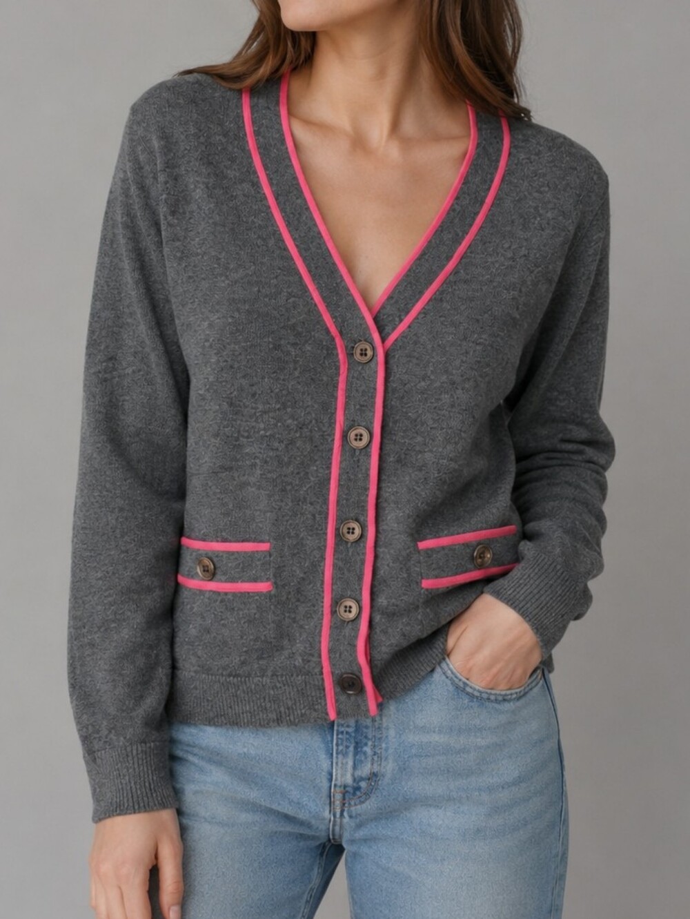 PURE Alfred Sung Pink and Grey 100% Cotton Cardigan